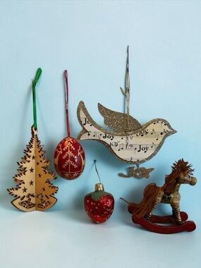 Vintage Christmas Ornament Lot Wood Glass Bird Joy 5pc Set